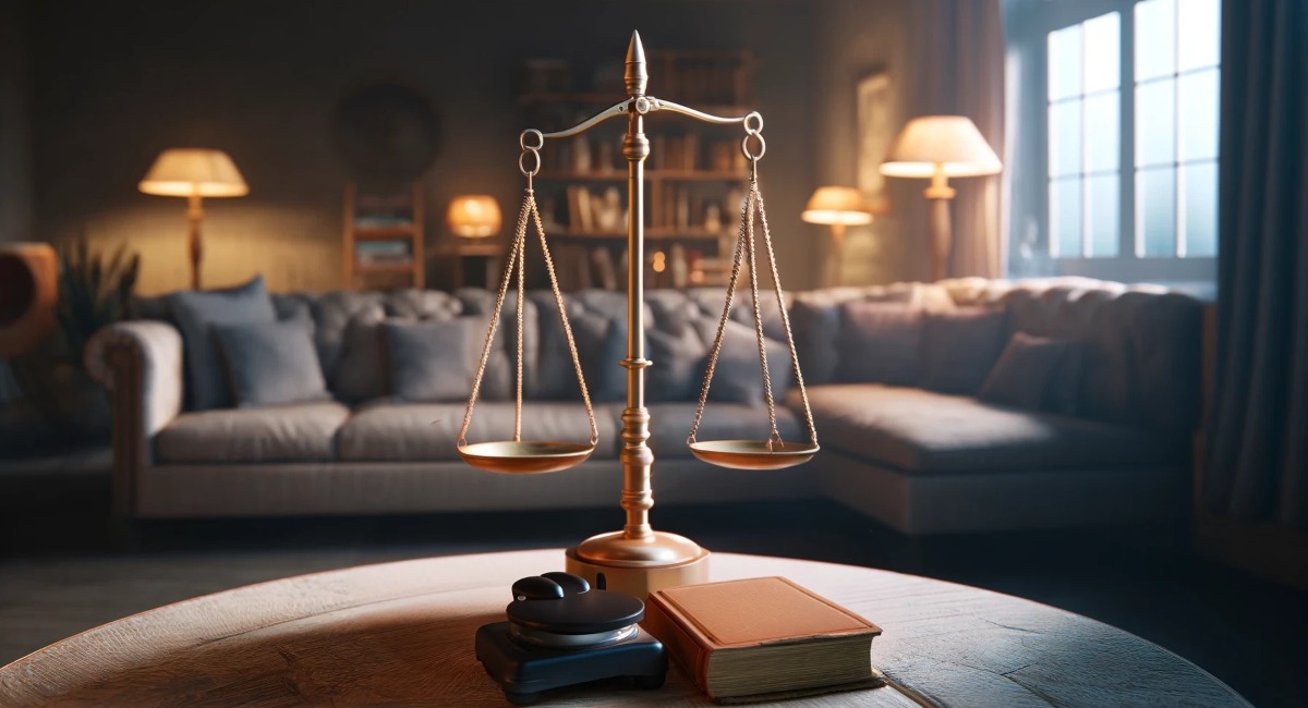 Classic golden balance scales of justice on a wooden table, symbolizing justice, with a blurred background of a cozy living room with a plush sofa and warm lighting